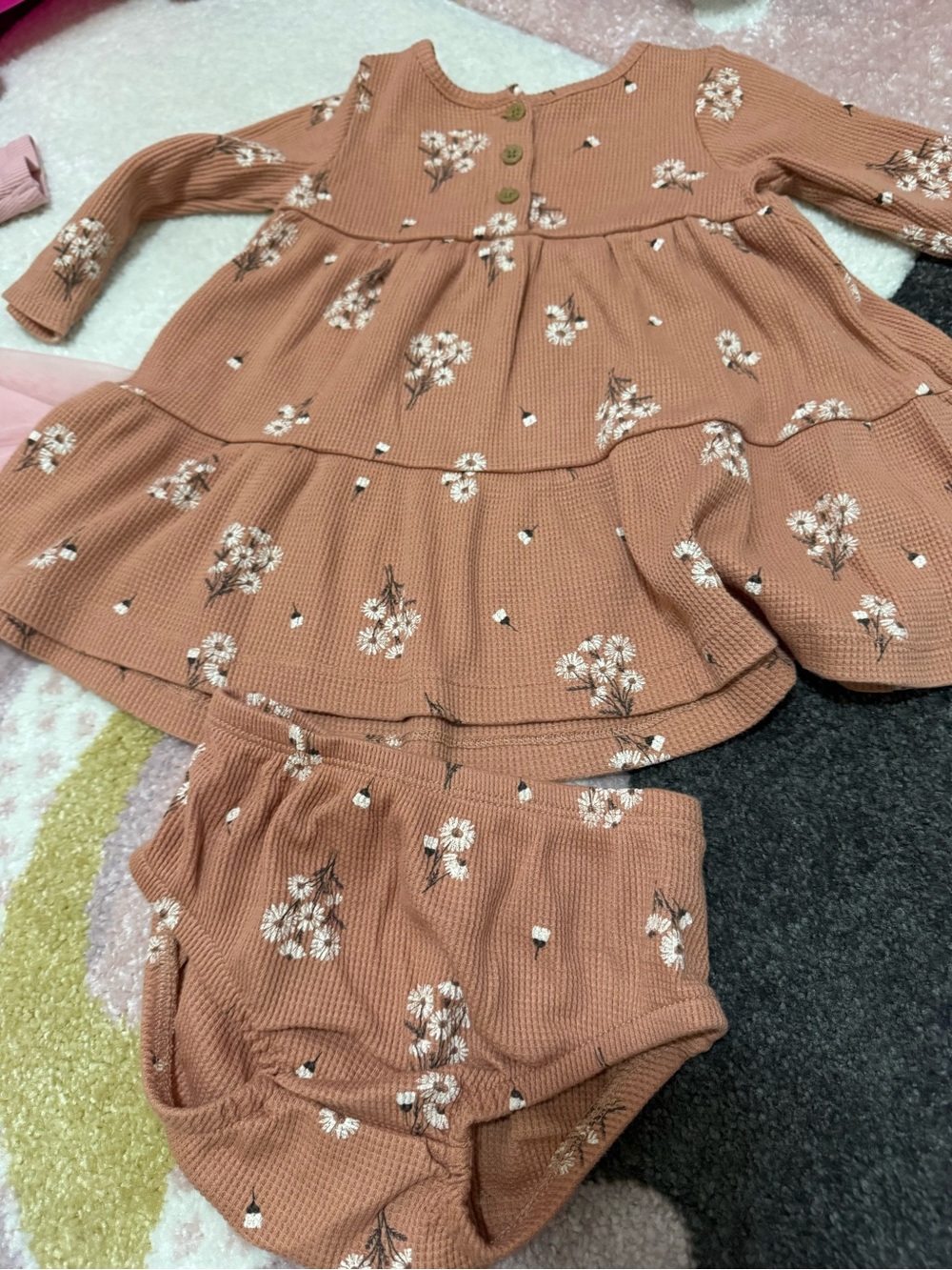 5 Carter's/ Rabbit Bear Floral & Ribbed Ruffle Dress Set - Pink, Brown, Rust - Picture 2 of 10